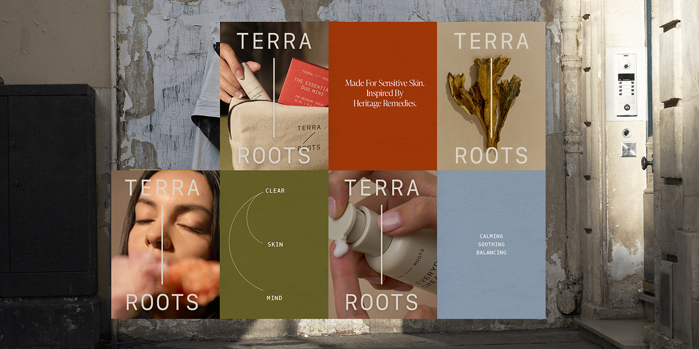 Terra Roots brand identity applications — logo across multiple colourways and contexts