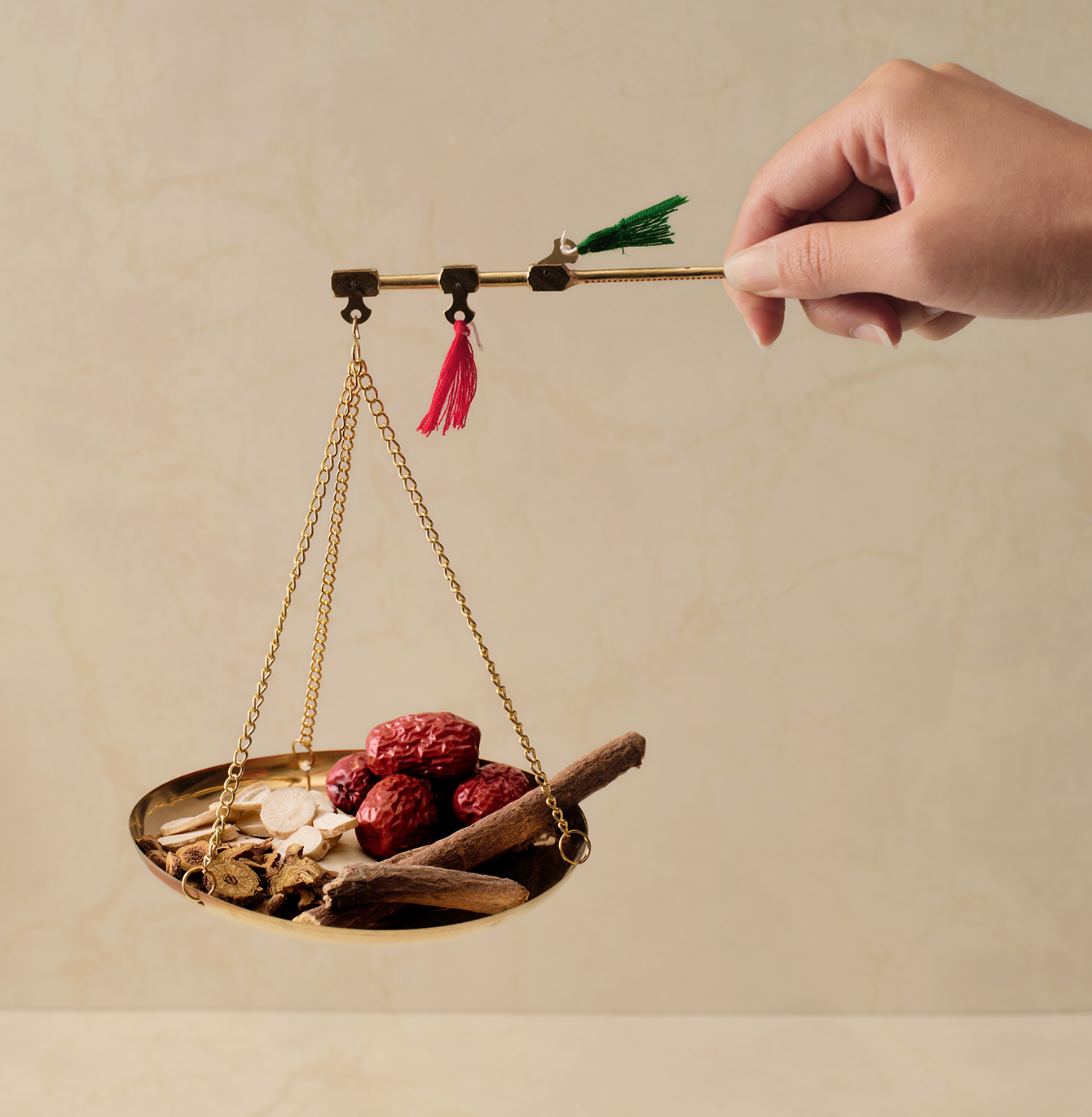Hand holding a traditional Chinese medicine balance scale with herbs