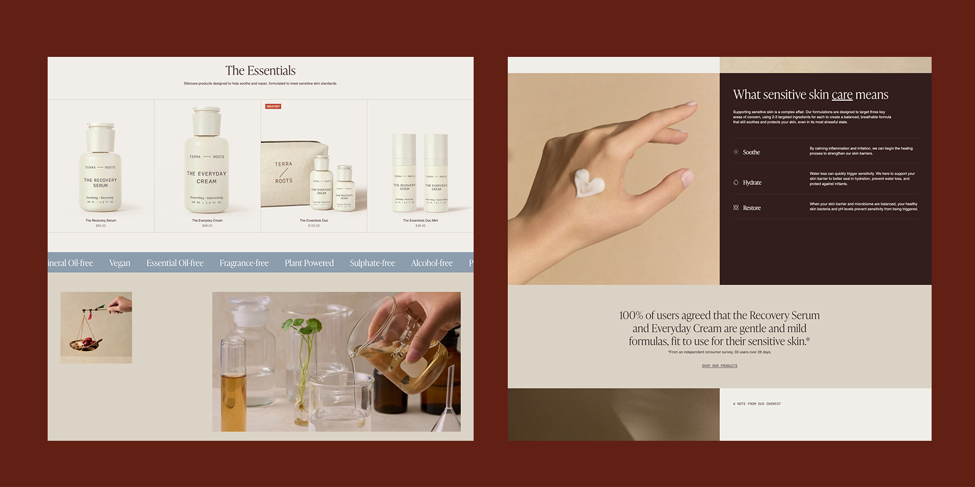 Terra Roots website inner pages — product listings and brand story layout