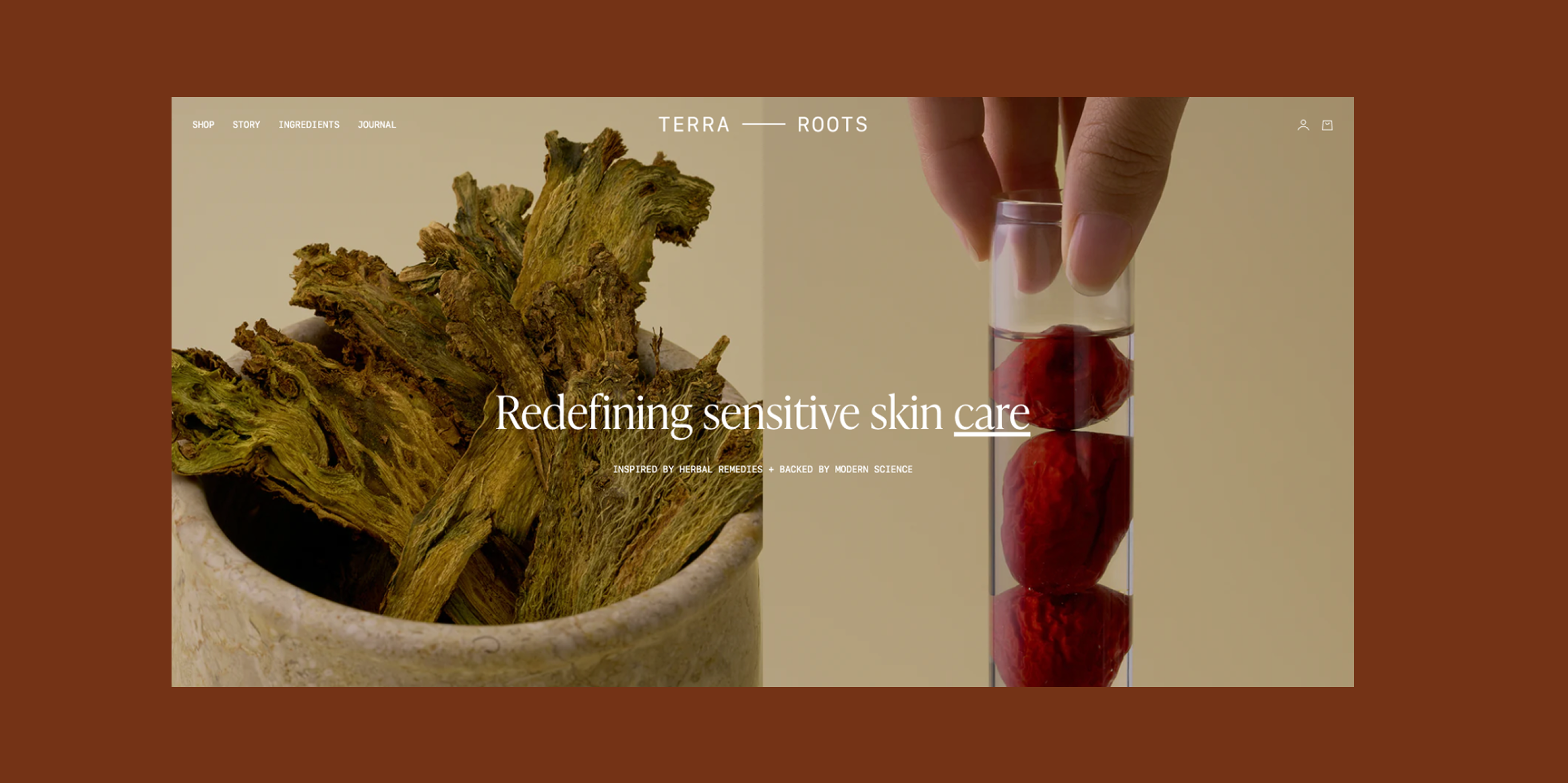 Terra Roots website design — homepage hero with 'Redefining sensitive skin care' headline