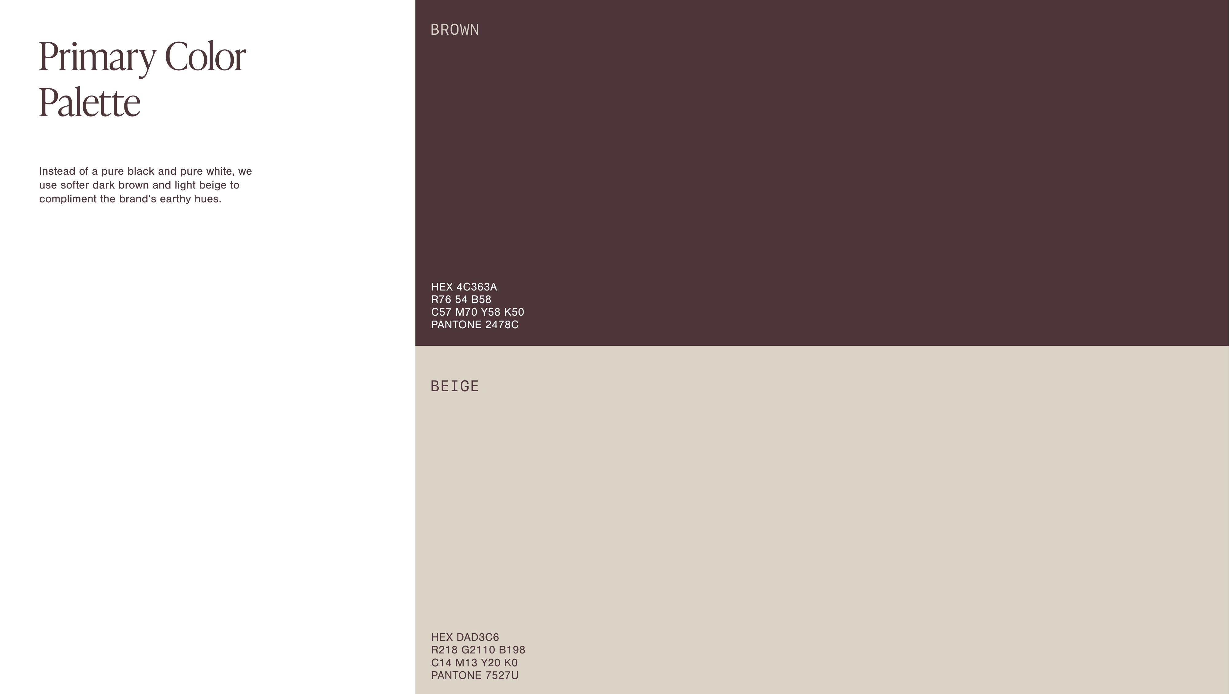 Terra Roots primary colour palette — Brown #4C363A and Beige #DAD3C6